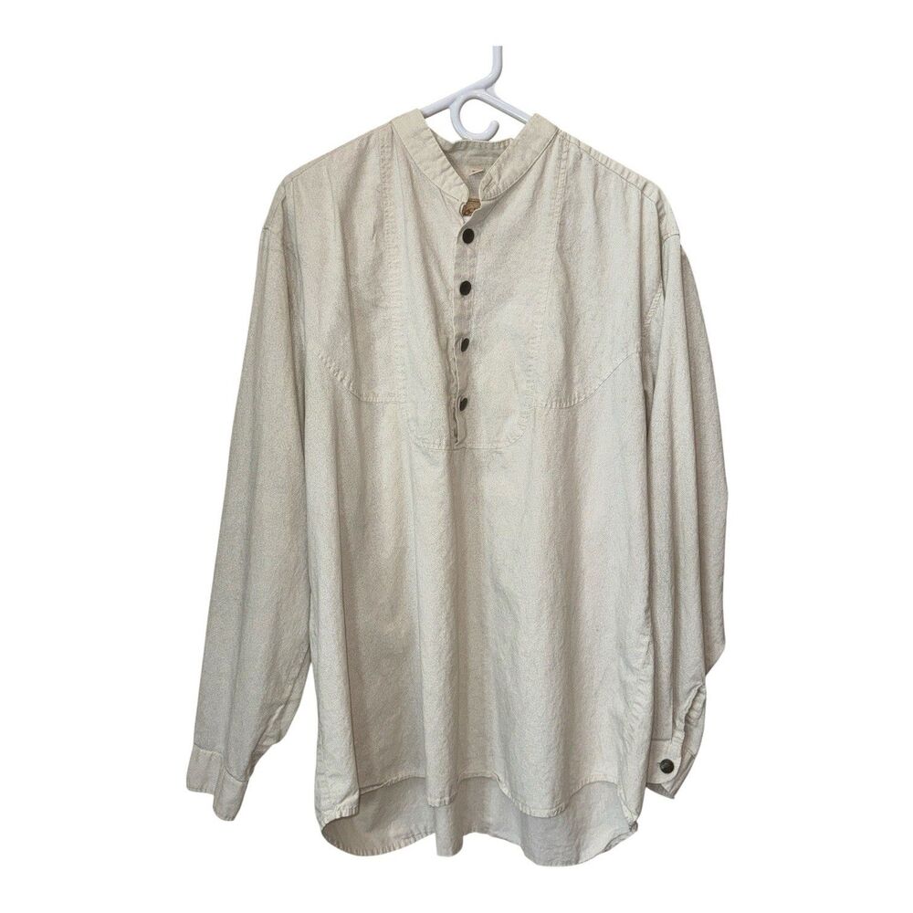 Vintage WAH Maker Western 3/4 Button Pleated Stand Collar Shirt Mens Large Ivory